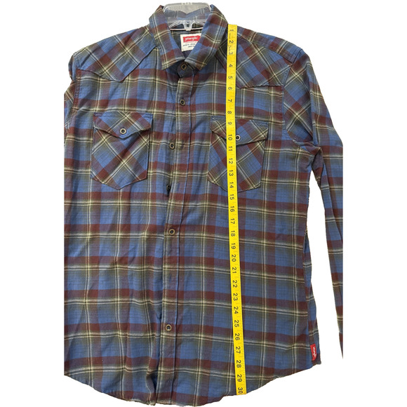 Wrangler Shirt Mens Large Blue Red Green Plaid Flannel Western Button Front - Picture 7 of 9